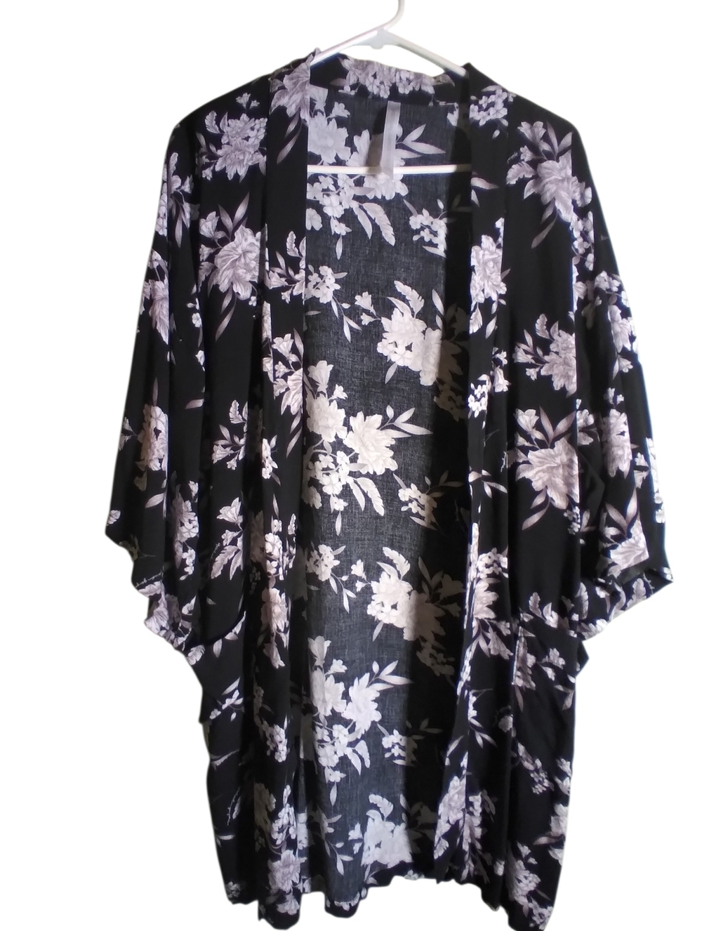 Spiritual Gangster Black Floral Kimono with Soft Lavender-White Blooms Boho